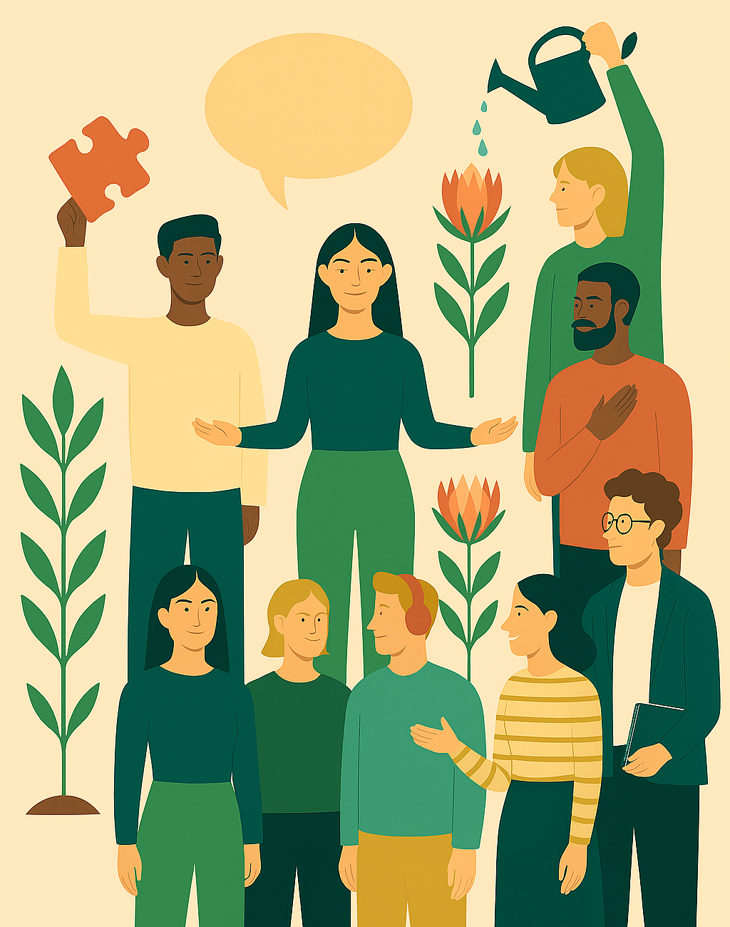 A image showing a jigsaw piece being held by a person, and another person watering a protea flower with a group of other diverse individuals watching the flower grow